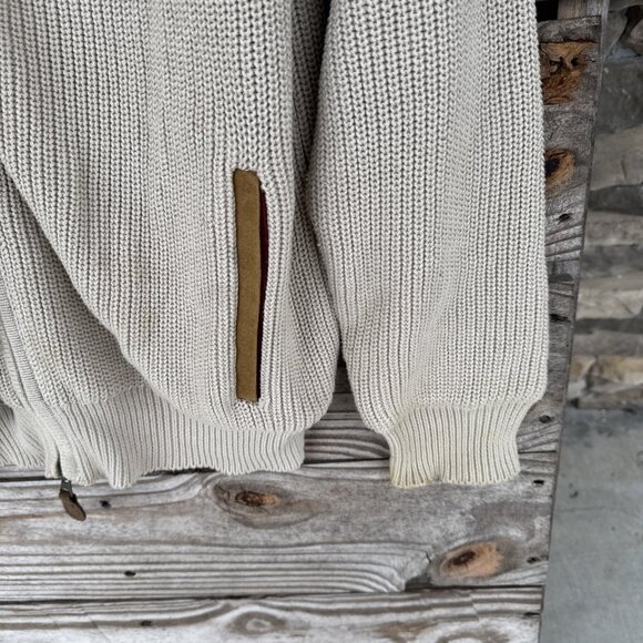 Orvis Sweater Mens Large Beige Full Zip Lined Suede Patch Knit Sweater Jacket M - Picture 5 of 8